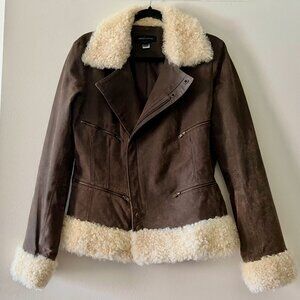 Moda International Brown Leather Moto Jacket with Fur Trim